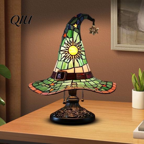 Fantasy Glass Lampshade Stained Style Witch Hat Lamp, USB Powered Resin Wizard Night Light Dorm Room Desk Lamp with Sun Star, Gothic Halloween
