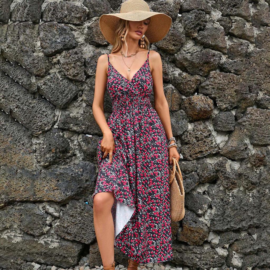 Женское летнее платье без рукавов с этническим принтом и высокой талией на шнуровке