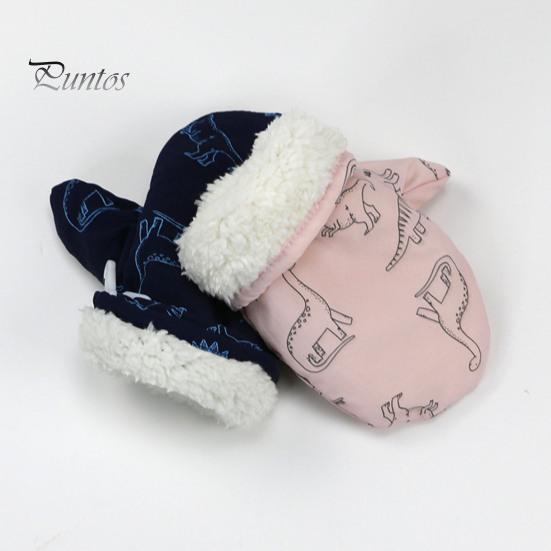 1 Pair Children Winter Mittens Thick Plush-lined Windproof Cartoon Dinosaur Cold Weather Outdoor Gloves Adjustable Fasten Strap Anti-Slip Ski Gloves