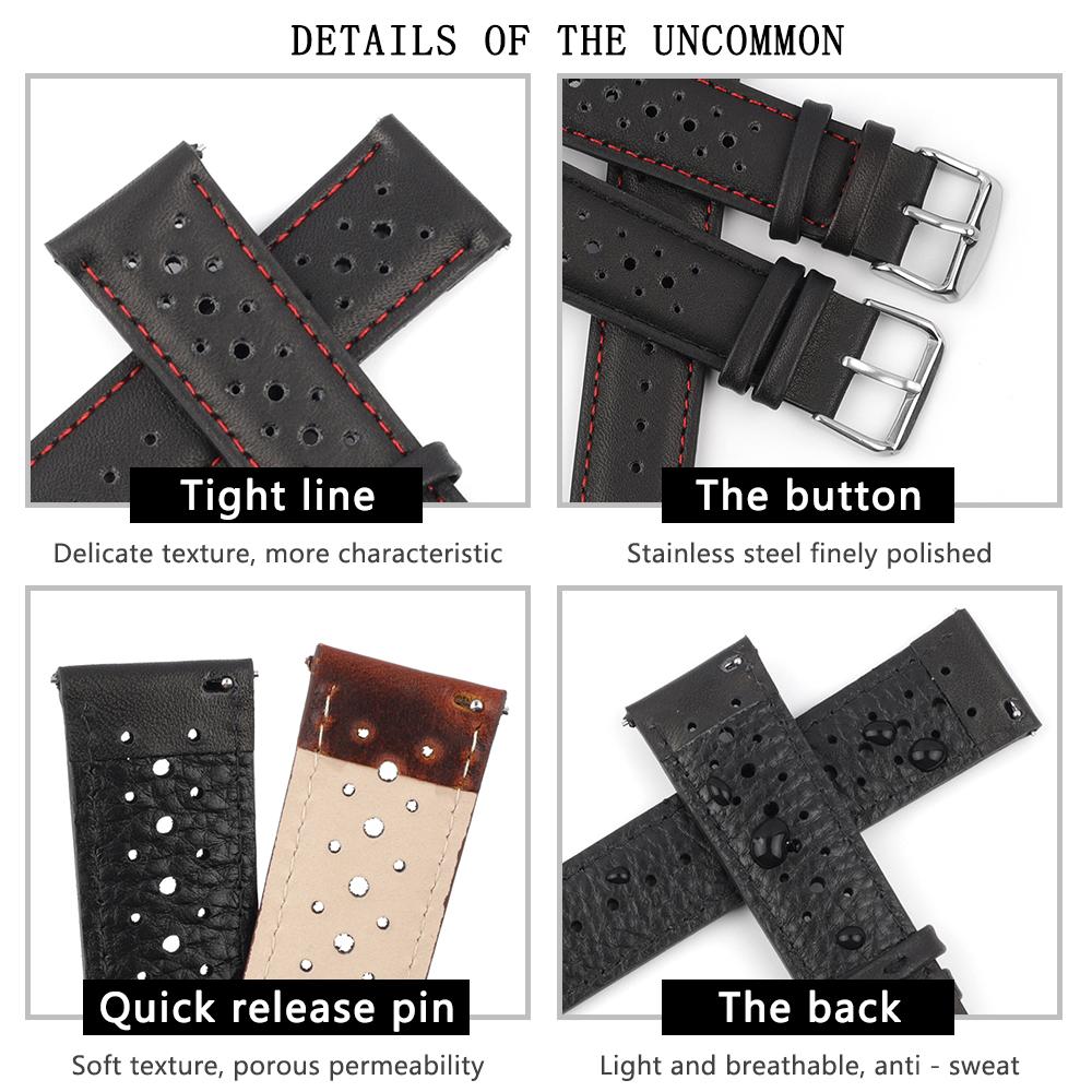 Vintage Racing Leather Watch Strap 18mm 19mm 20mm 22mm 24mm Breathable Porous Watchband Red Black Bracelet Handmade Wristband