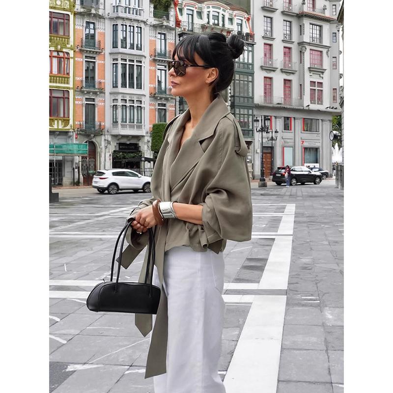 Женская однотонная куртка с длинным рукавом на шнуровке, модное однотонное пальто-тренч короткой длины с лацканами и поясом для осени и на каждый день, уличная одежда