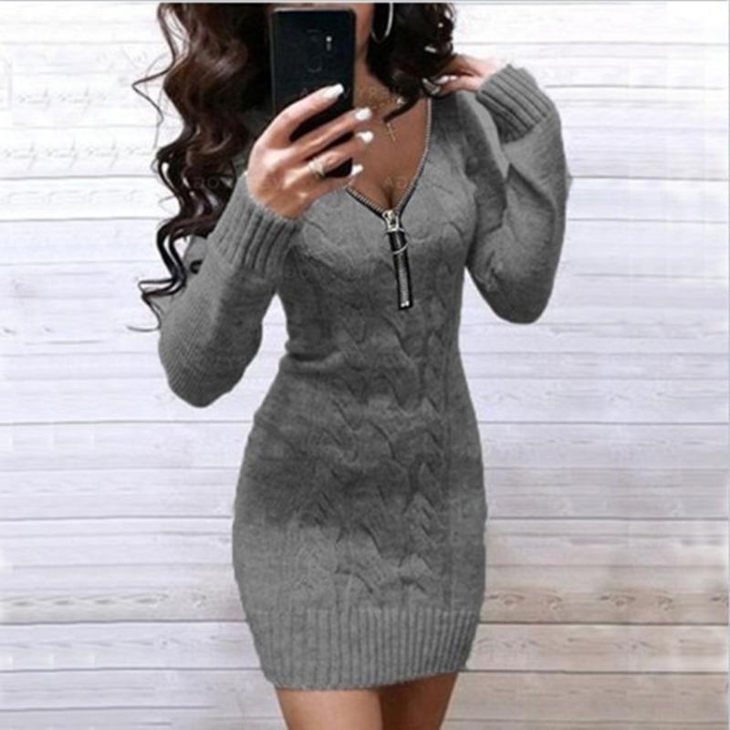 New Women's Sweater European and American Knitted Sweater Medium and Long Zipper V-neck Jacket Dress