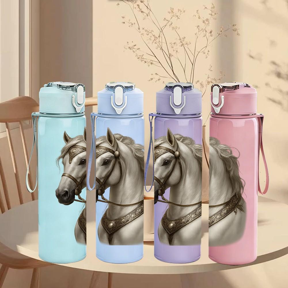 1PC Noble Horse Head Portrait Print 750ml Color Plastic Sports Water Bottle Leakproof Flip Straw Lid Suitable for Sports Office Home Use