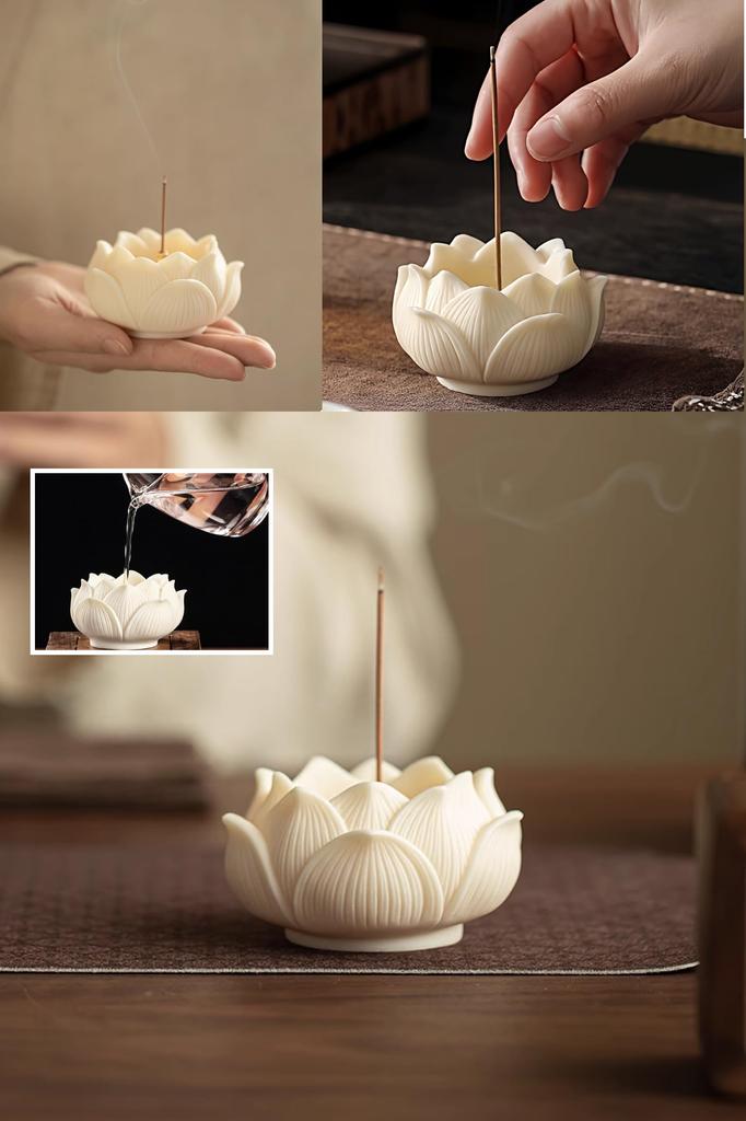 Lotus-shaped Incense Burner for Buddhist Altars, with a 9-hole Brass Incense Holder. Made from Natural Ivory. Mini Incense Burnerincense Holder.