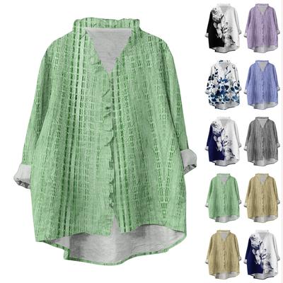 Женский свободный топ с оборками, цветочным принтом, воротником-стойкой и длинными рукавами из хлопка и льна