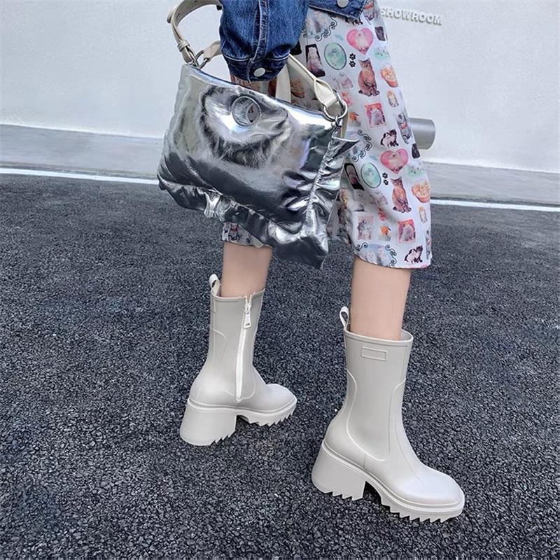 Роскошные женские ботильоны до щиколотки с квадратным носком, ПВХ резиновые сапоги для женщин на массивном каблуке, резиновые ботинки челси, женская обувь для дождя на толстой подошве