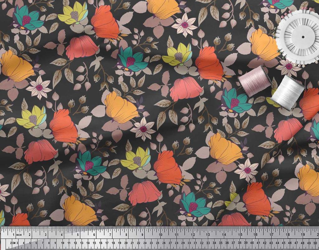 Soimoi Japan Crepe Satin Fabric Leaves & Floral Artistic Fabric Prints By Metre 42 Inch