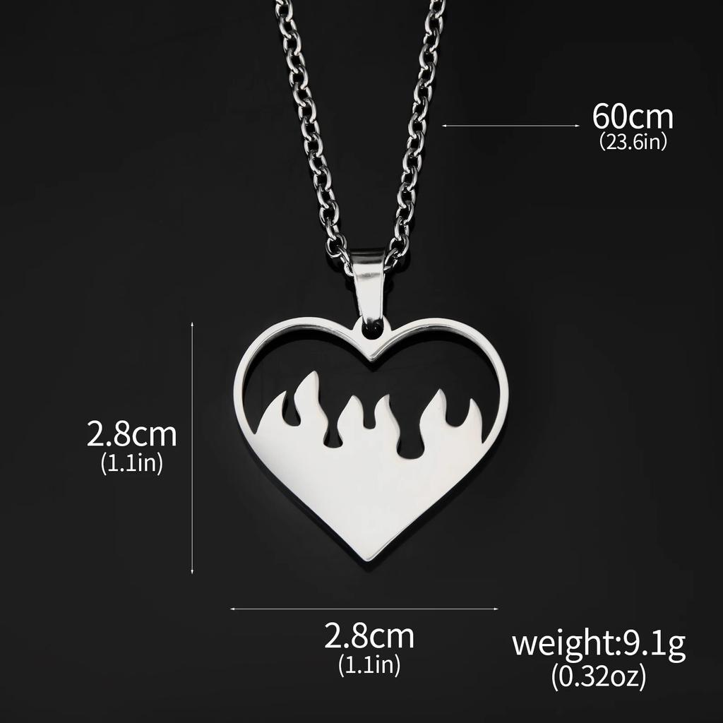 Couple Love Heart Flame Pendant Necklace Sets Gothic Punk Hip Hop Hallow Heart Fire Clavicle Necklace Stainless Steel Jewerly