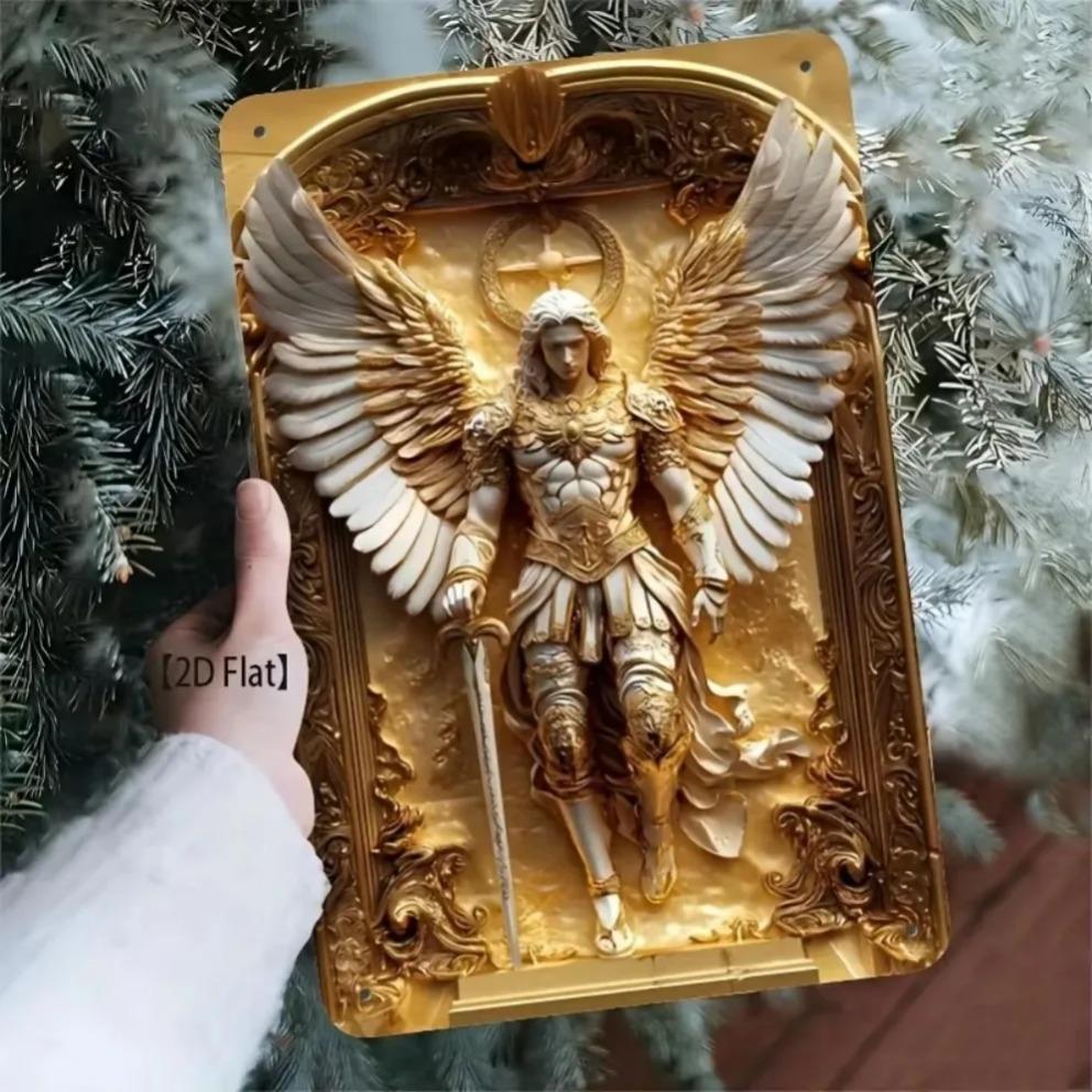 Золотой Архангел Михаил Сложное Алюминиевое Настенное Искусство Ангельский Воин с Нимбом Меч Прочный Металл Домашний Декор