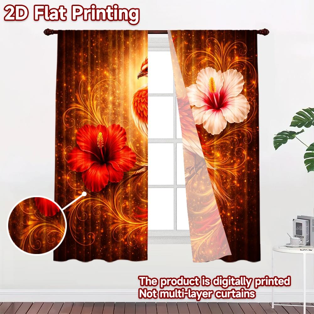 2D flat printing 2pcs Curtain Drapes Phoenix with Hibiscus Flowers Digital Printed Polyester Drapes Family Party Perfect for All