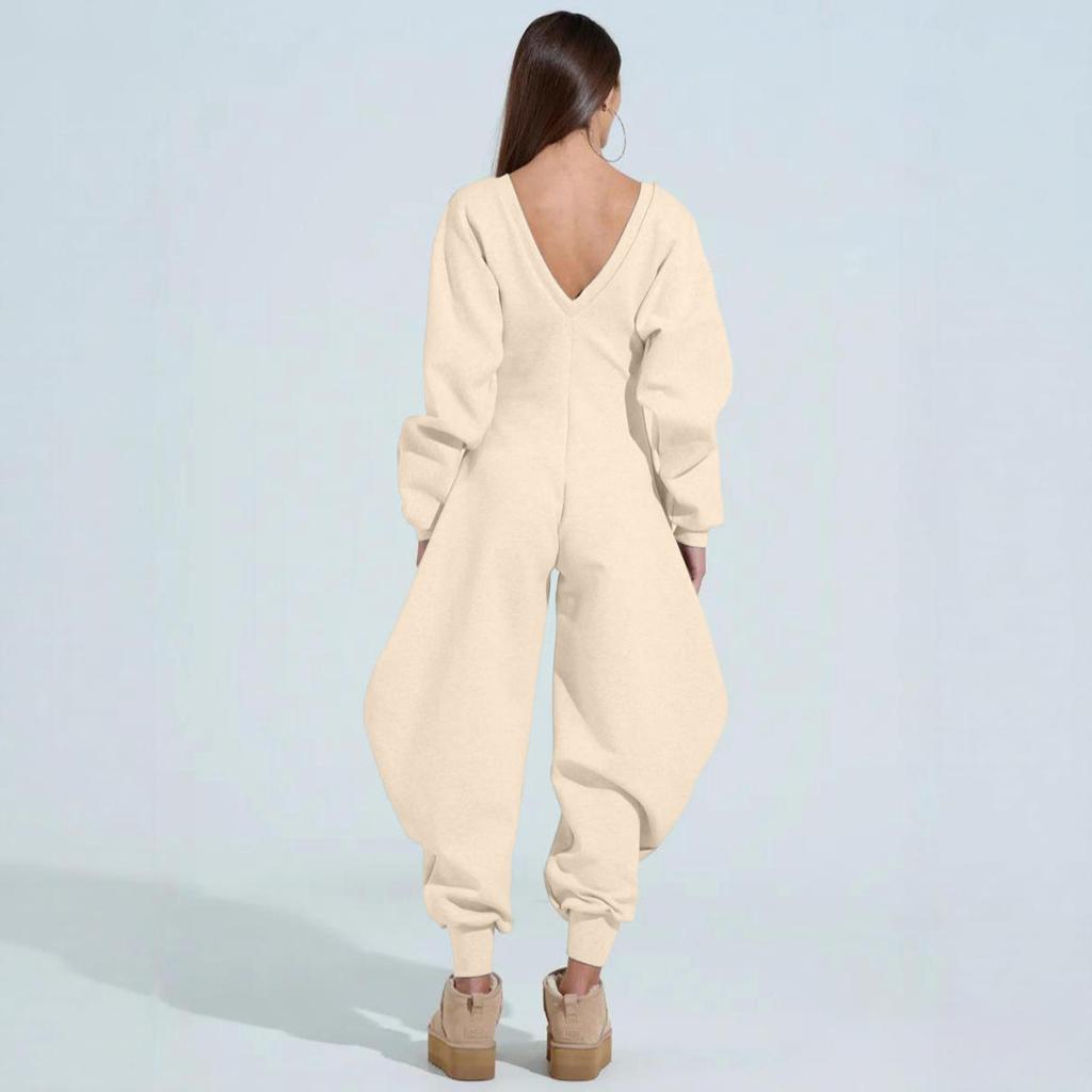 Women's Solid Color Jumpsuit Flared Pants Tight V-neck Sexy Long Sleeved Jumpsuit