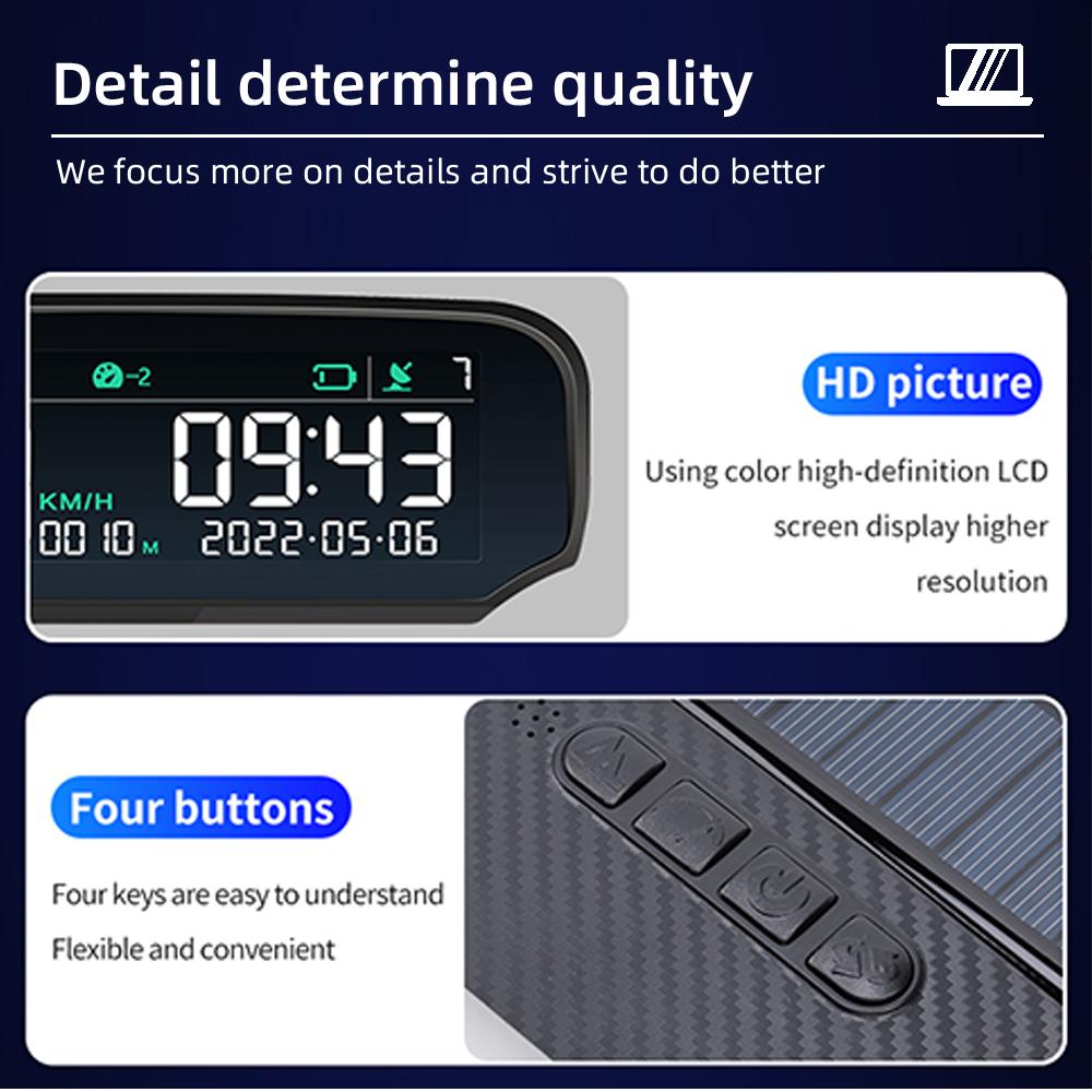 Автомобильный HUD на солнечной батарее с GPS-дисплеем на лобовом стекле Цифровые часы Спидометр Сигнализация превышения скорости Предупреждение об усталости водителя Отображение пробега на высоте