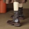 Retro Round Toe Belt Buckle Women's Sock Boots 2024 New Soft Leather Thick Soled Shoes Knitted Elastic Slim Women's Ankle Boots