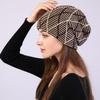 Women's Autumn Winter Pullover Mixed Color Mesh Diamond Plush Knitted Wool Hat Ear Protection Pile Cap