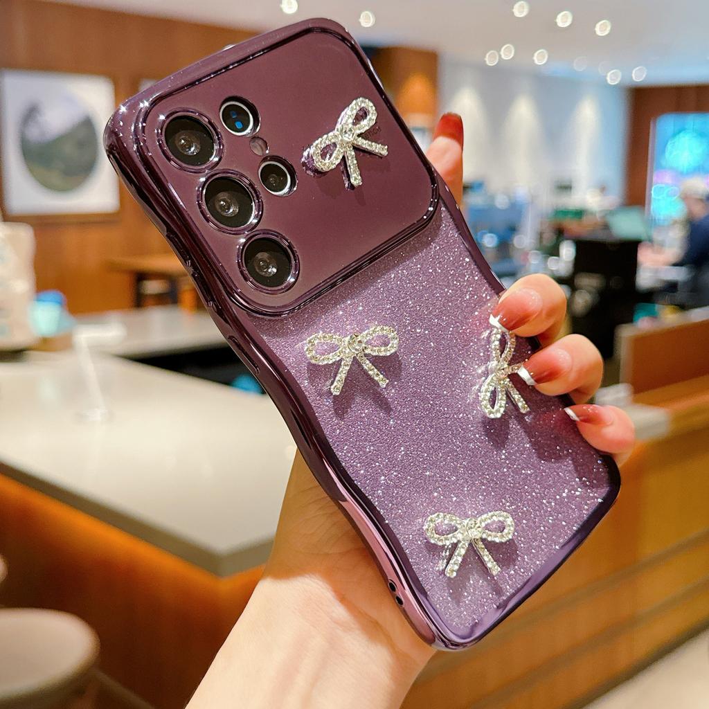 For Samsung Galaxy S24 Ultra Case Electroplated Wavy Frame Glitter TPU Phone Cover with Rhinestone Bow Decor
