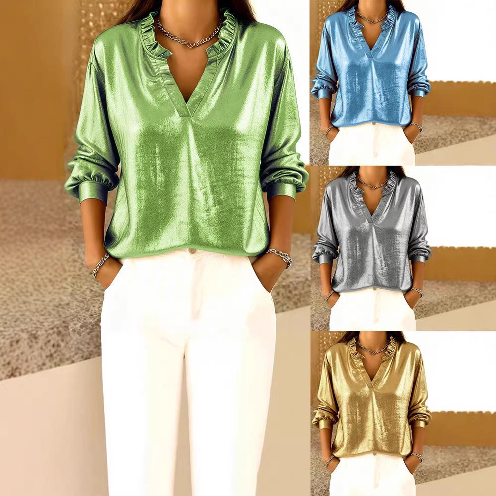 Женский топ с рюшами и воротником-стойкой, длинный рукав, европейский и американский стиль