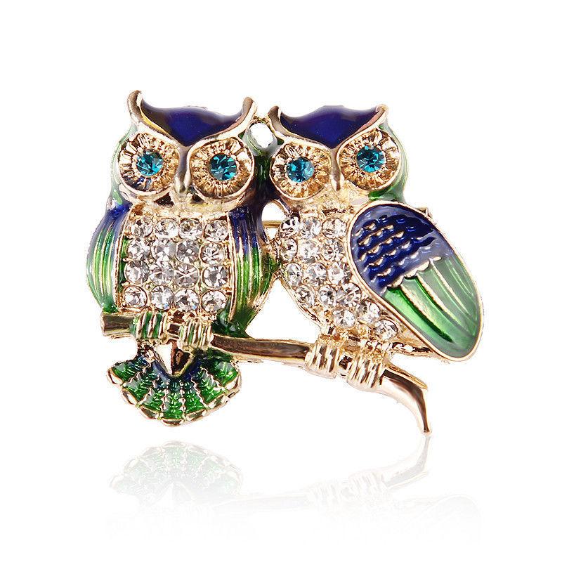 Shiny Zircon Blue Eyes Birds Pins Crystal Enamel Couple Owl Animal Brooches for Women Men Clothes Scarf Buckle Collar Jewelry KTJ