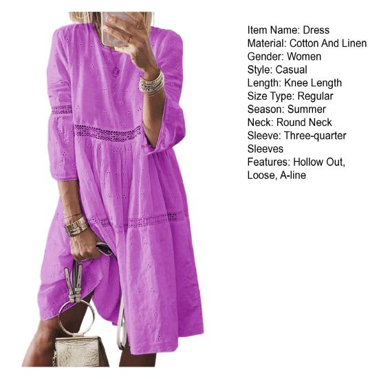 Женское платье, кружевное, с открытой вышивкой, с рукавами три четверти, однотонное, свободное, до колена, свободное, трапециевидное, с круглым вырезом, миди-платье