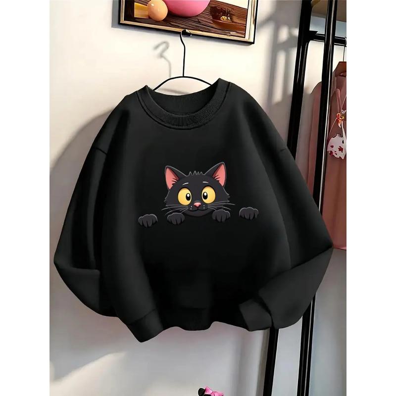 Black Cat Peeking Cute Cartoon Girls' Hoodie, Round Neck Hoodie, Autumn and Winter Western Style Top
