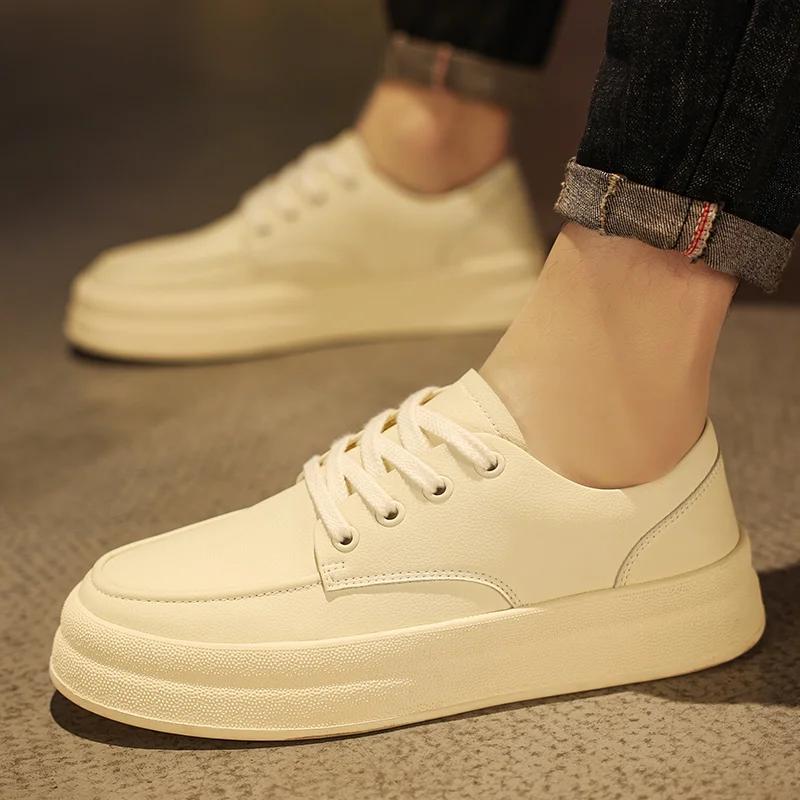 Trendy Brand Men's Thick Sole Leather Shoes Simple Small White Shoes Versatile Men's Sports Shoes Commuting Casual Shoes
