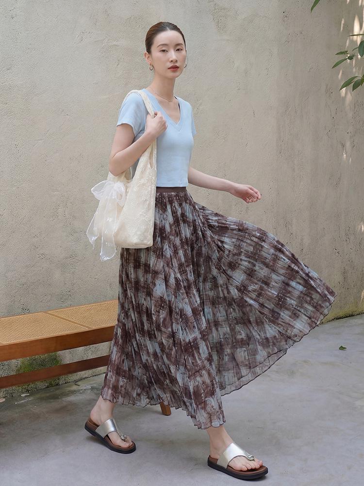 Fei Yuan Elegant High Waist Retro Paisley Mesh Midi Skirt for Women - Early Spring Collection