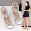 2024 Summer White Pearl Bow High Heels Wedding Shoes Woman Square Toe Peep Toe Thin Heels Party Sandals Zapatillas Mujer