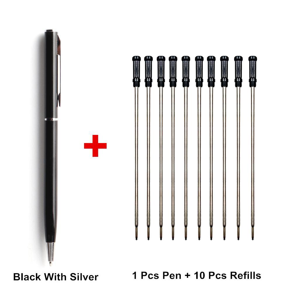 1 ручка + 10 стержней, металлическая шариковая ручка со стержнями для школы, офиса, материал из нержавеющей стали, вращающиеся канцелярские принадлежности, ручки