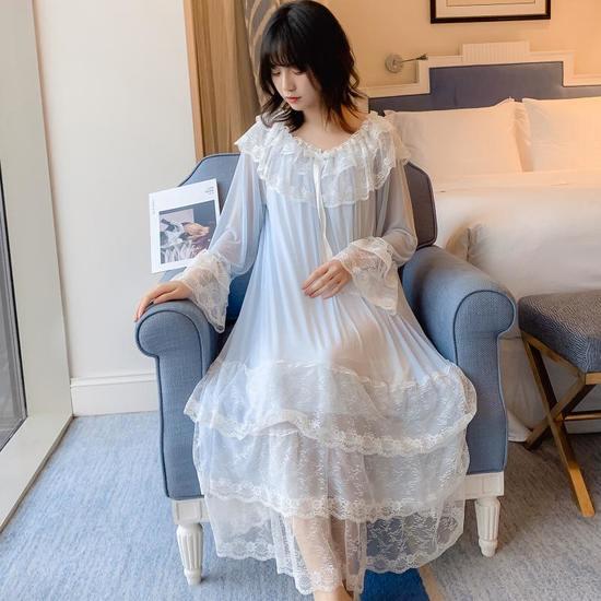Женская ночная рубашка в стиле Лолиты с кружевной отделкой, винтажная ночная рубашка с длинными рукавами, одежда для сна