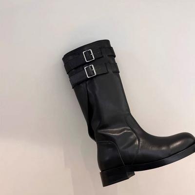 Коровья кожа~ Черная Пряжка Ремня Низкий Каблук Полусапоги Ботинки Локомотива Натуральная Кожа Осень и Зима Новые Круглый Носок Высокие Рыцарские Сапоги Женские