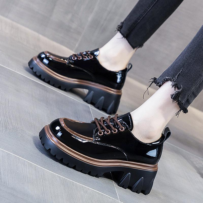 Small Leather Shoes Women's British Style New Spring and Autumn Color Matching Fashion Thick Heel Thick Sole Height Increase Women