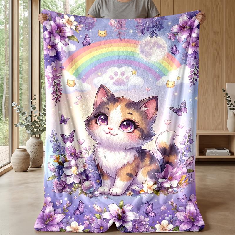 Rainbow Kitten Fantasy Theme blanket Lightweight Warm Flannel Blanket Decorative Throw Blanket for Home Decoration