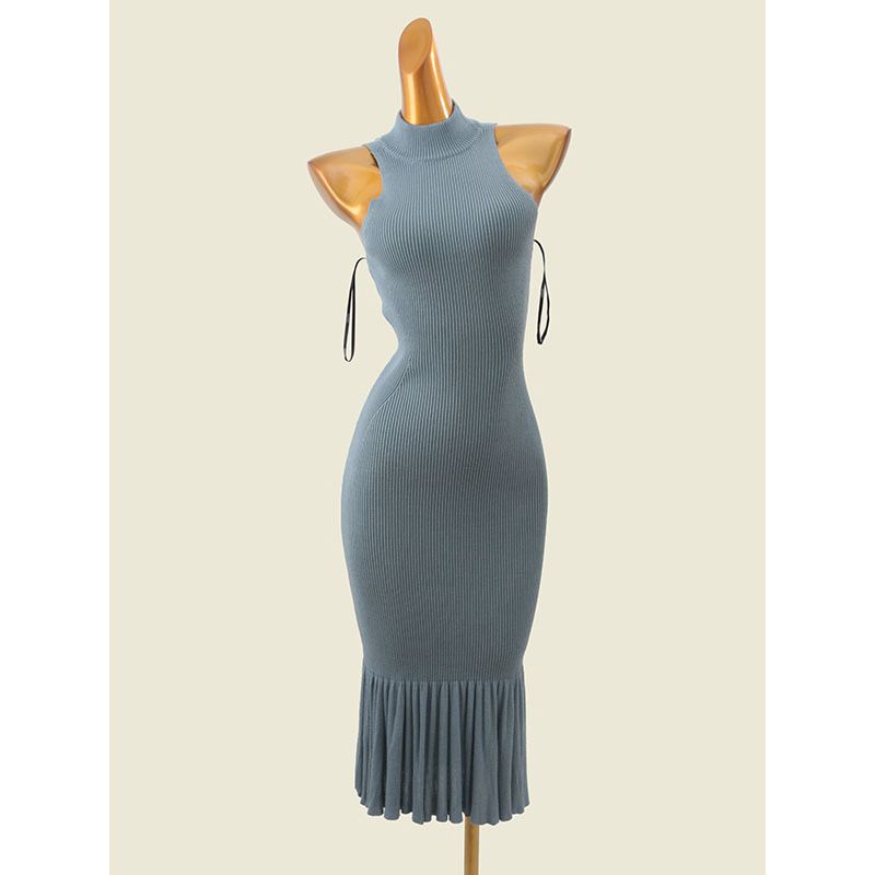 Foreign Trade Original Order Pure Desire Beauty Back Dress Pleated Fishtail Narrow Shoulder Hanging Neck Knitted Vest Skirt Women
