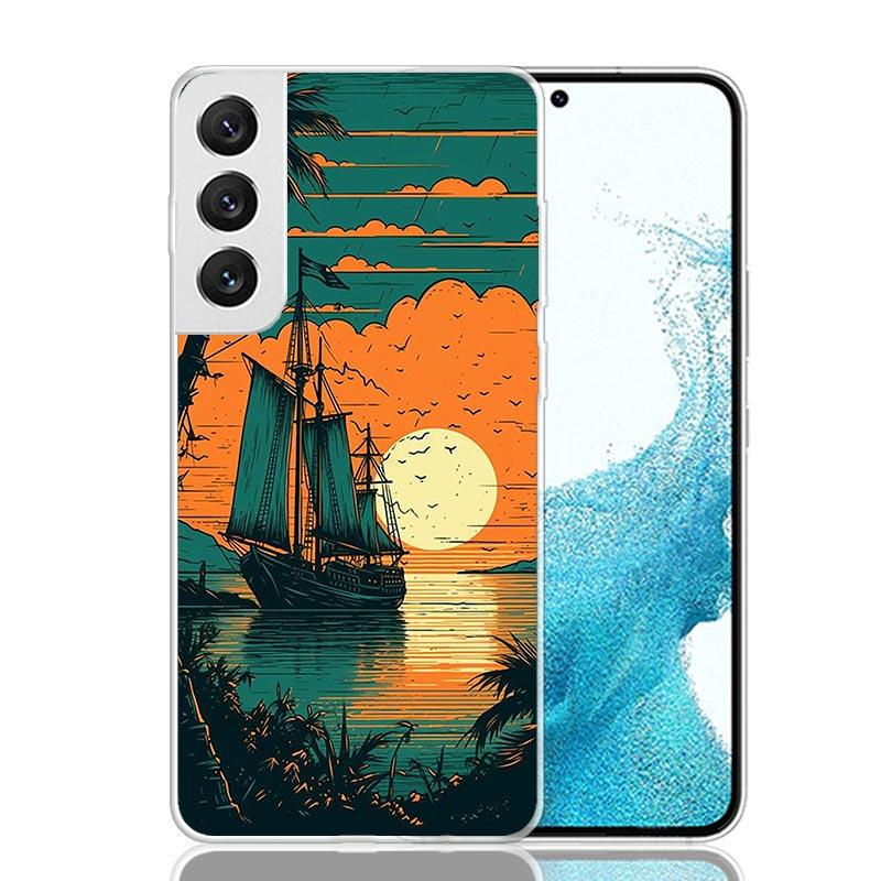 Sailing Boat Sunset Phone Case For Samsung Galaxy S25 S24 S23 S22 S21 FE S20 Ultra S10 Plus Art Customized Coque Capa S24 S23 S2