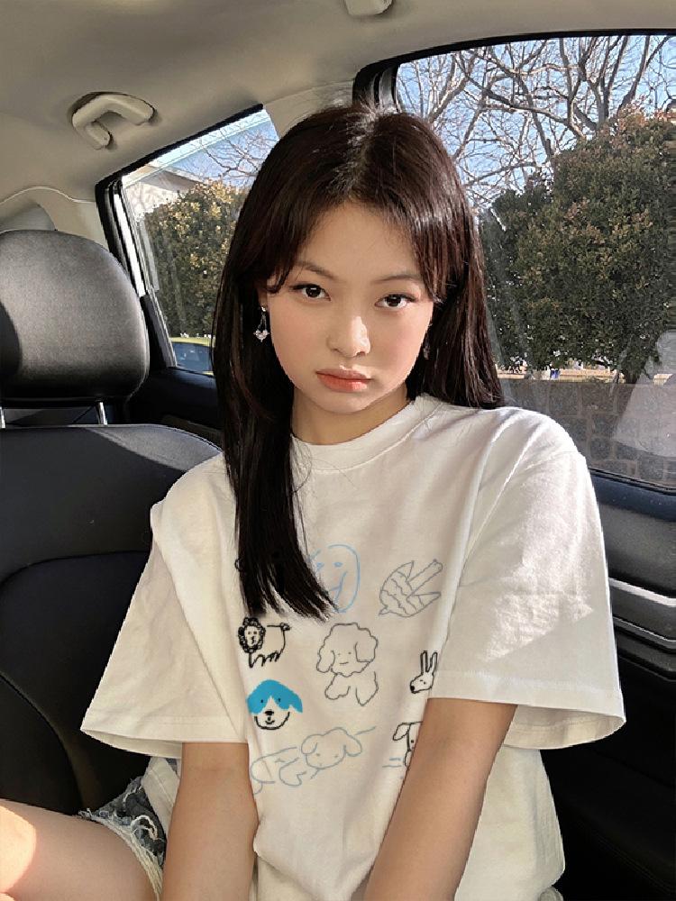pure cotton white shoulder short-sleeved t-shirt women's new design sense niche American trendy cartoon half-sleeved top