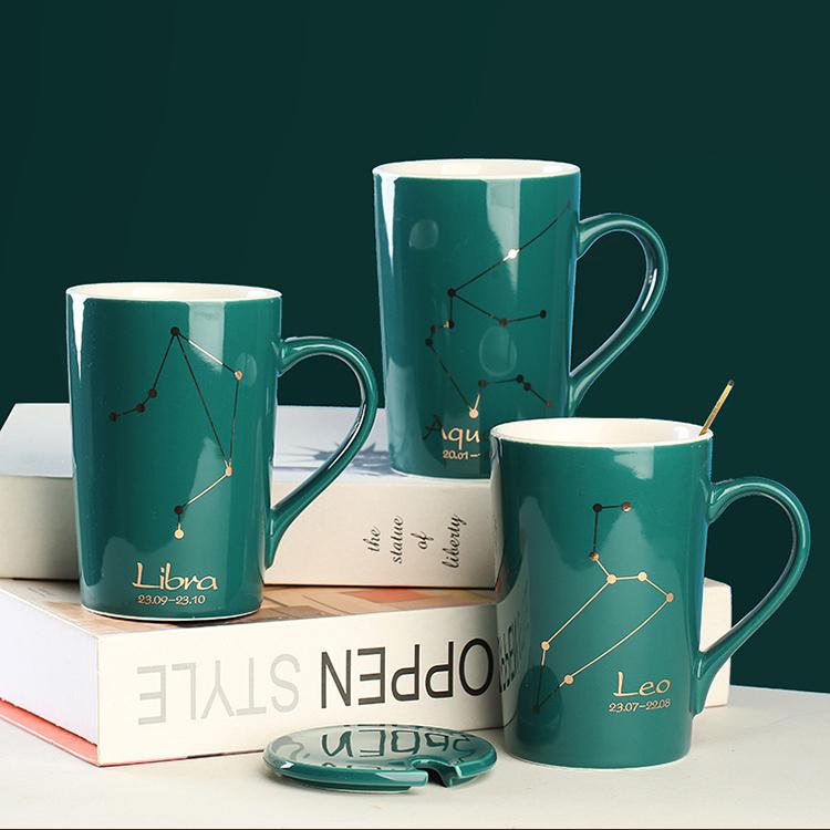 Керамическая кофейная кружка, набор посуды «Созвездие» с крышкой, золотая ложка, креативные чашки со знаком зодиака, подарки на день рождения для мужчин и женщин