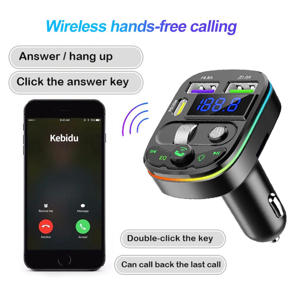 Автомобильный Bluetooth FM-передатчик PD Type-C Dual USB 4.8A Быстрое зарядное устройство Громкая связь Радиомодулятор MP3-плеер Поддержка TF-карты