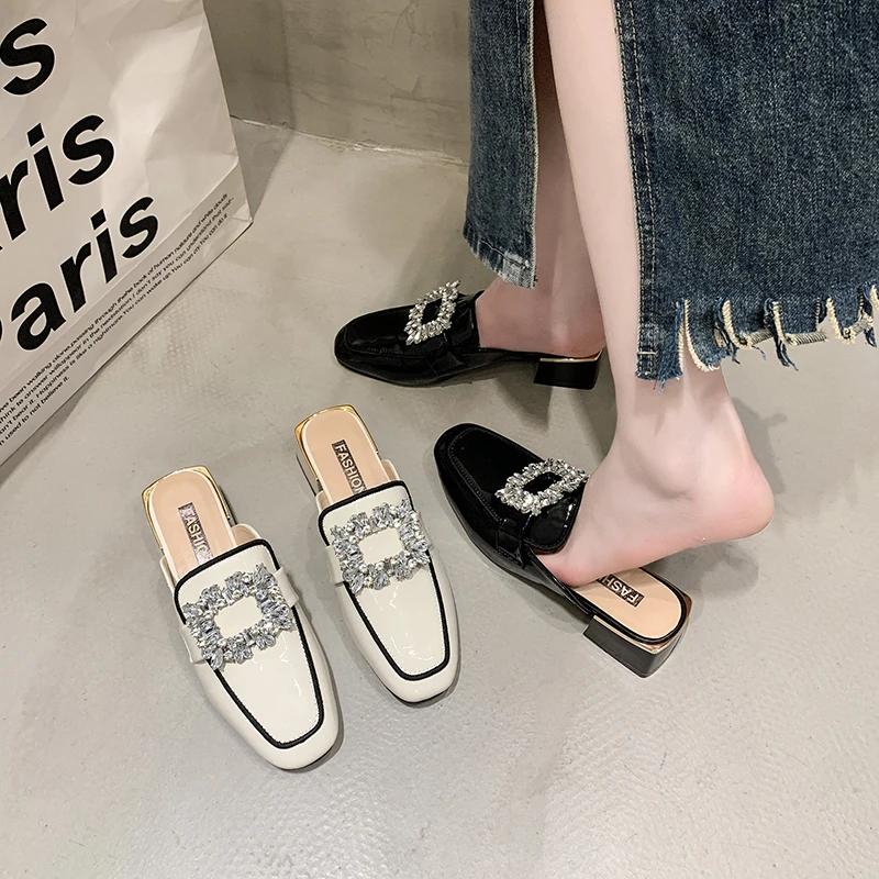 Новые модные женские туфли-мюли с кристаллами на среднем каблуке, толстые тапочки, летние роскошные шлепанцы, модные босоножки с открытой пяткой, туфли-лодочки, женские шлепанцы