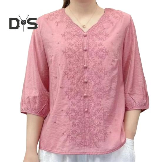 Women Shirt V-neck Half Sleeve Embroidery Floral Pattern Loose Fit Tops Solid Color Casual Blouse Daily Wear