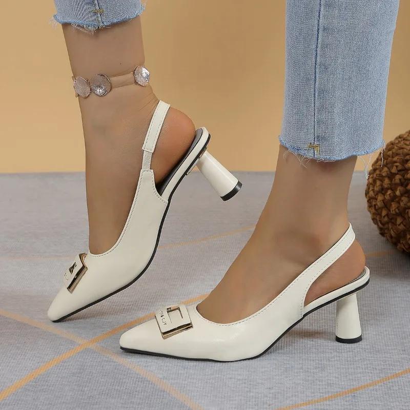 2024 New Women's Shoes Pointed Toe Comfortable Low Heel Back Strap Thick Heel Spring and Autumn Versatile Women's Shoes