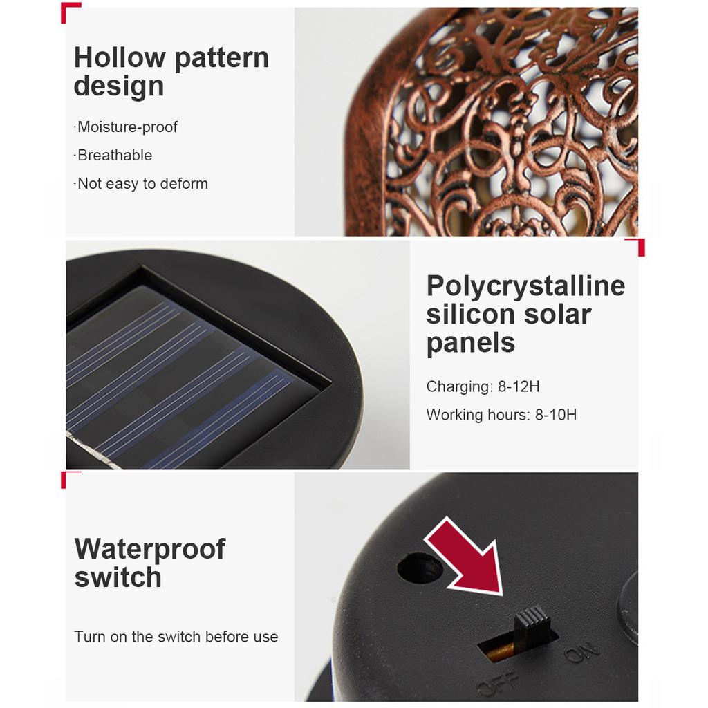 LED solar light with long battery life iron shell with hollowed out retro style waterproof automatic sensing solar light