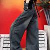 Women's Spring American Style High Street Rivet and Star Embellished Washed Jeans Loose Fit Slimming Retro Design Wide Leg Pants