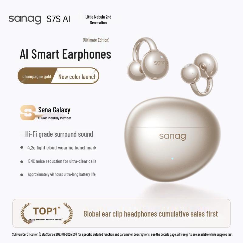 Bluetooth-наушники-клипсы Sanag S7S с ИИ-переводом и костной проводимостью для спорта 2025 года - Открытая конструкция, не затыкающая уши