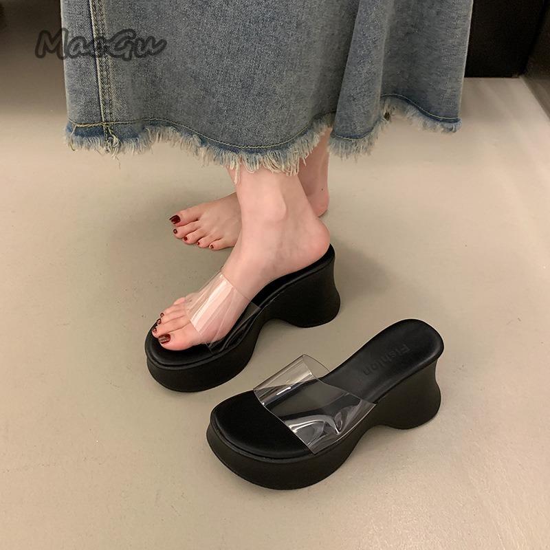 Модные прозрачные ПВХ сандалии на массивном каблуке для женщин Модные сандалии на платформе с открытым носком Женские 2025 Летние шлепанцы на толстой подошве для пляжа