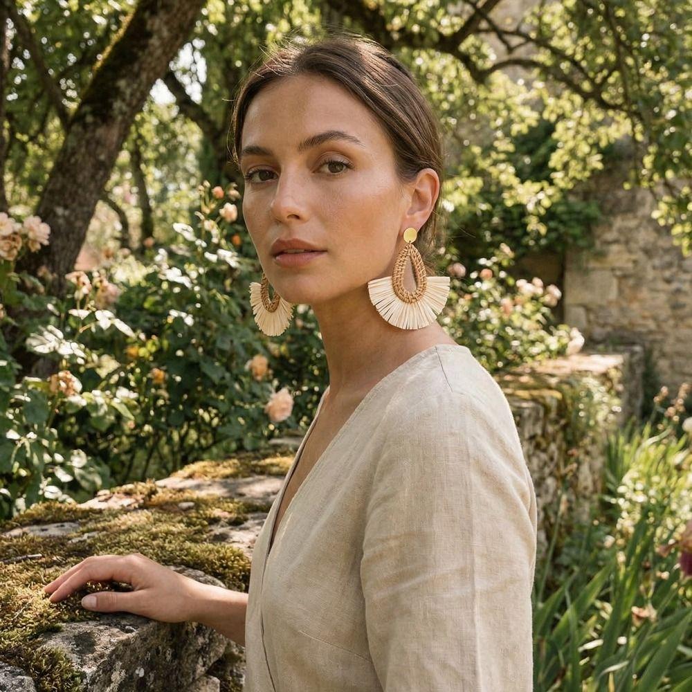 Round Rattan Weave Earrings Flower Beach Jewelry Cute Bohemian Drop Earrings Wedding