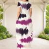 Women Plus Size Round Neck Short Sleeve Purple White Printed Loose Maxi Dress With Side Pockets
