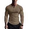 Spring Autumn Men Top Buttoned V Neck Slim Fit Stretchy Mid Length Tee Long Sleeves Pullover Sweatshirt for Home Sports Gym Street Wear