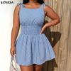 VONDA Women Sleeveless Elastic Waist Plaid Print Ruffled Casual Mini Tank Dress