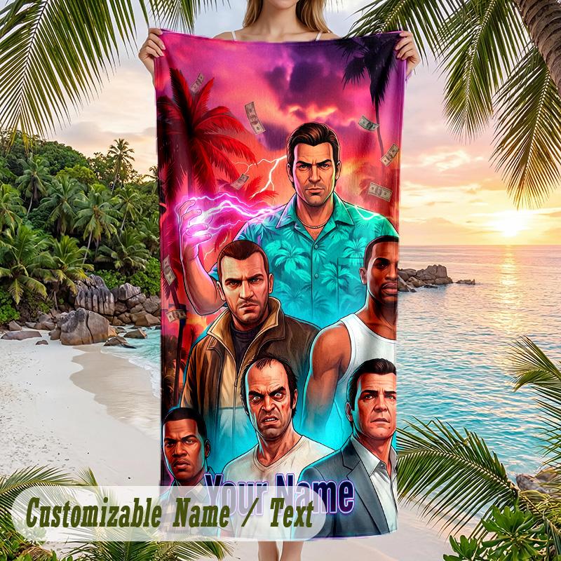 GTA Beach Towel, Personalized Custom Text, Quick Dry Soft Large Towel For Swimming Pool Travel