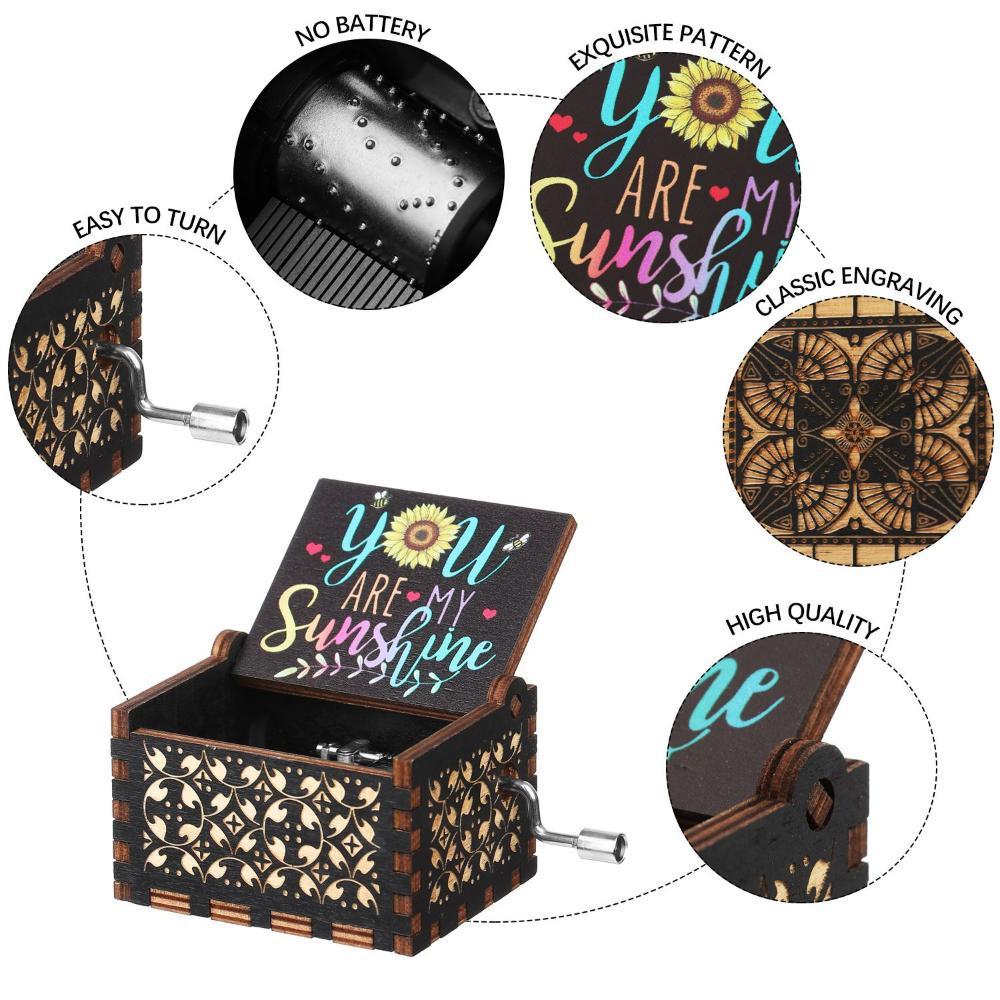 Day You Are My Sunshine Classical Music Box Wooden Hand Crank Musical Boxes Antique Engraved