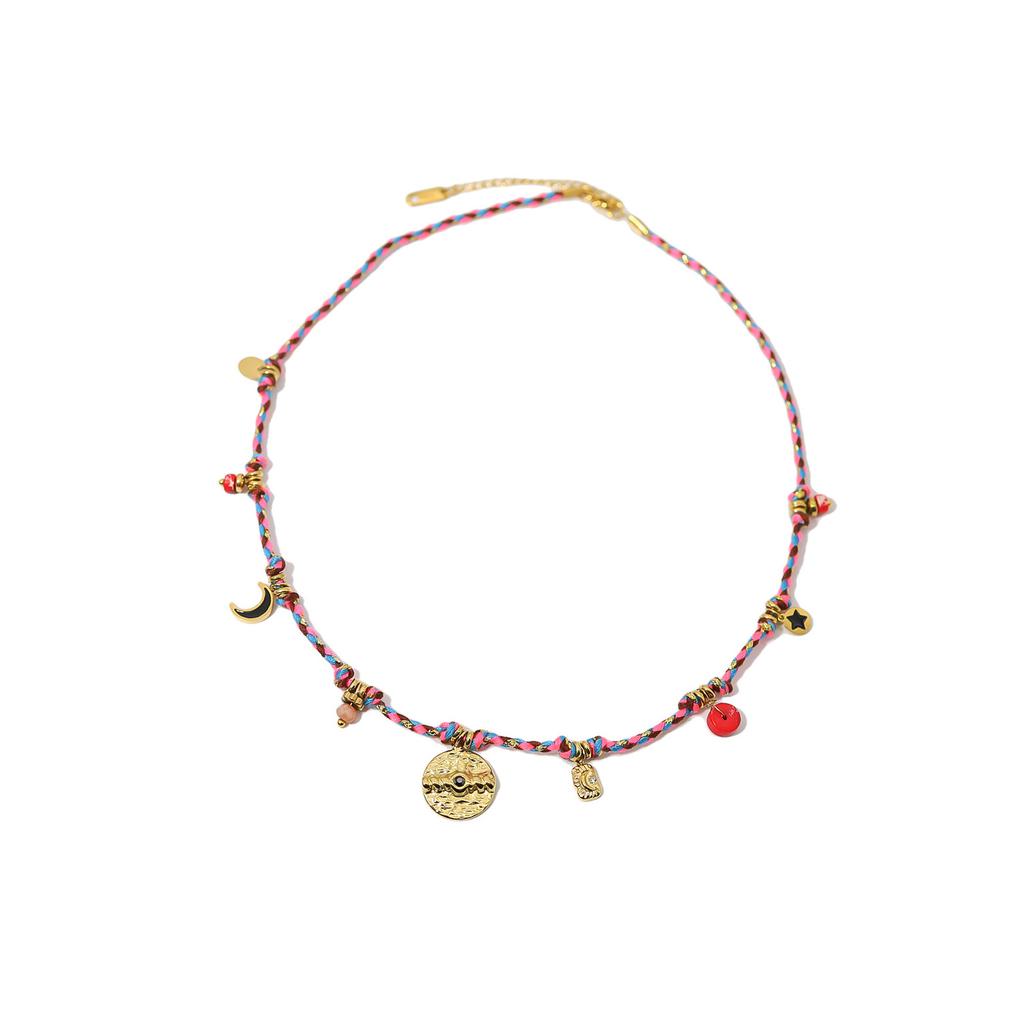 Плетеное колье ручной работы, женское украшение с подвеской в виде луны и звезды, текстура из титановой стали для модного вида